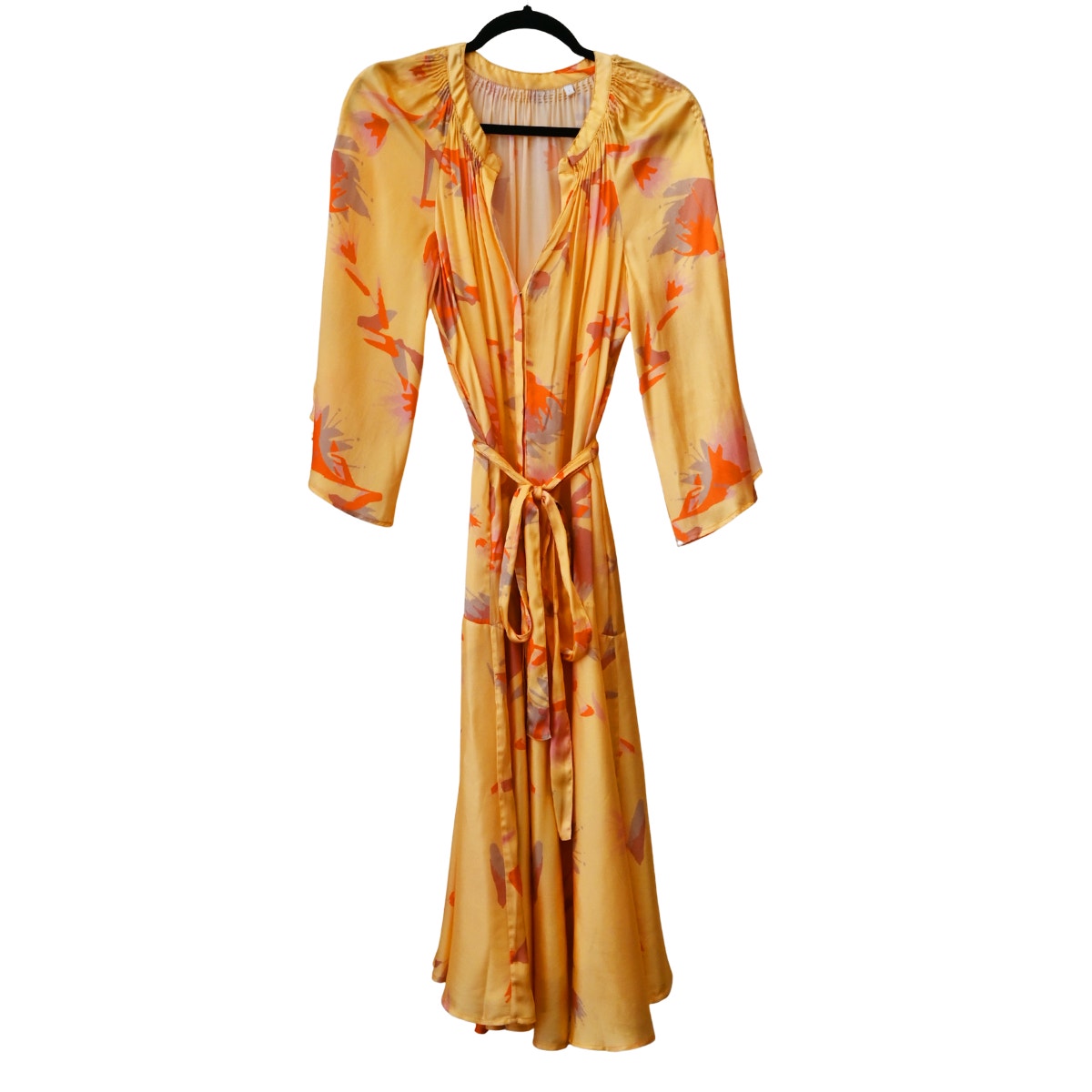 March 11 Yellow Multicolor Abstract Floral Print Satin Midi Dress Size L